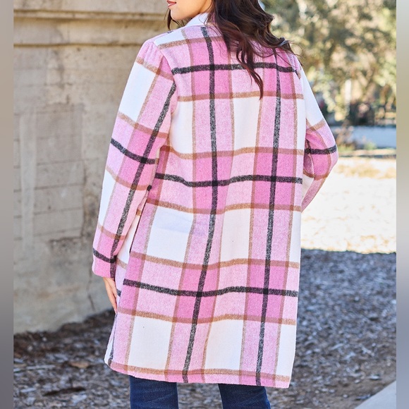 NEW Double Take PLUS + REG Size Pink Plaid Button Up Notched Lapel Collar Coat - Picture 6 of 7